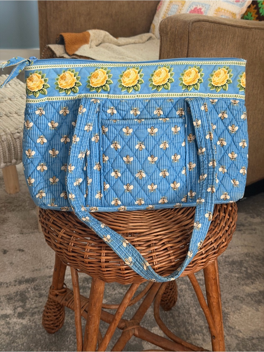 Vera Bradley Blue Quilted Tote with Yellow Rose Trim
